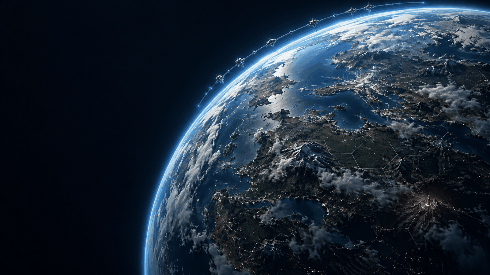 A world seen from orbit, its surface marked out in hexes, with a station above it