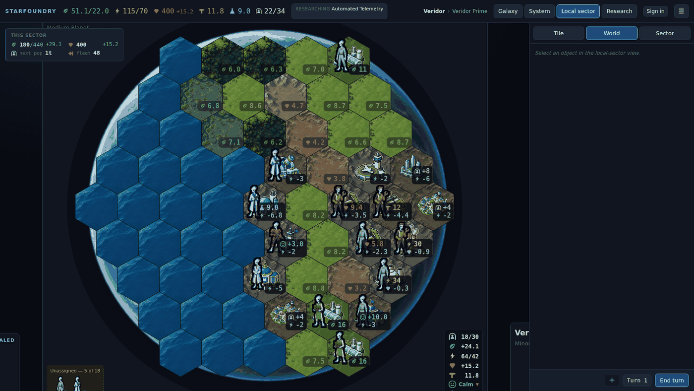 A colony laid out on a hex grid, with farms, reactors and habitation